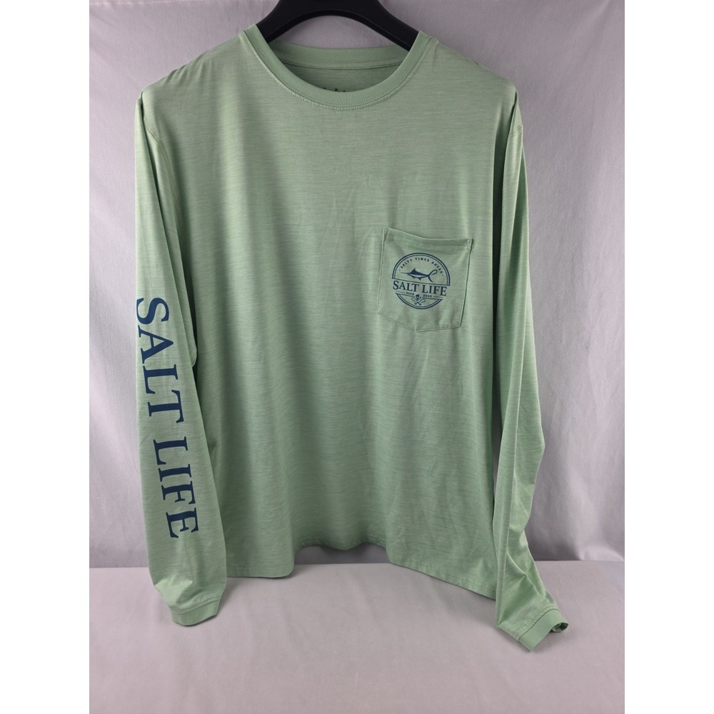 Mens Salt Life Major Salt Graphic Pocket Long Sleeve Light Green T-Shirt Sz Med
